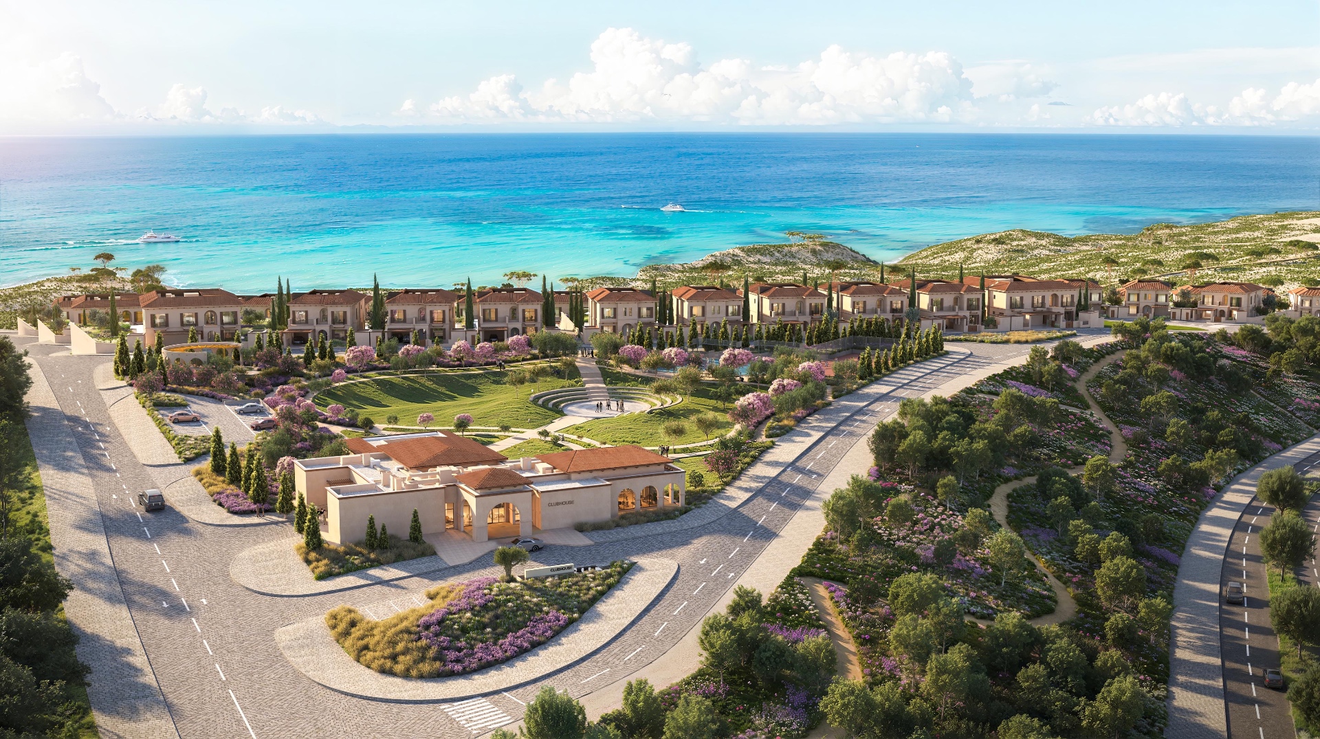 Aerial view of Ras El Hekma waterfront community and clubhouse